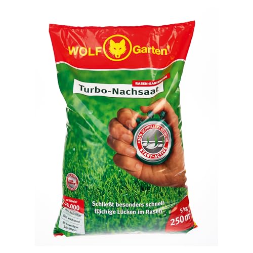 WOLF-Garten Turbo-Nachsaat zur Rasensanierung LR250 (für 250 m2, hohe Dichte mit ca. 70.000 Trieben/m2, für alle Rasentypen geeignet, mit WOLF-Garten Keimgarantie, im 5kg Folienbeutel) 3826050 von WOLF Garten