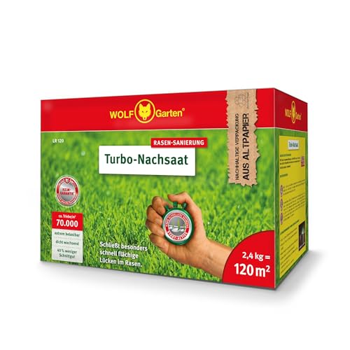 WOLF-Garten Turbo-Nachsaat zur Rasensanierung LR120 (für 120 m2, hohe Dichte mit ca. 70.000 Trieben/m2, für alle Rasentypen geeignet, mit WOLF-Garten Keimgarantie, im 2,4kg Karton) 3826042 von WOLF Garten
