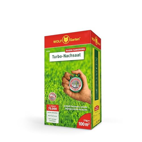 WOLF-Garten Turbo-Nachsaat zur Rasensanierung LR100 (für 100 m2, hohe Dichte mit ca. 70.000 Trieben/m2, für alle Rasentypen geeignet, mit WOLF-Garten Keimgarantie, im 2kg Karton) 3826040 von WOLF Garten