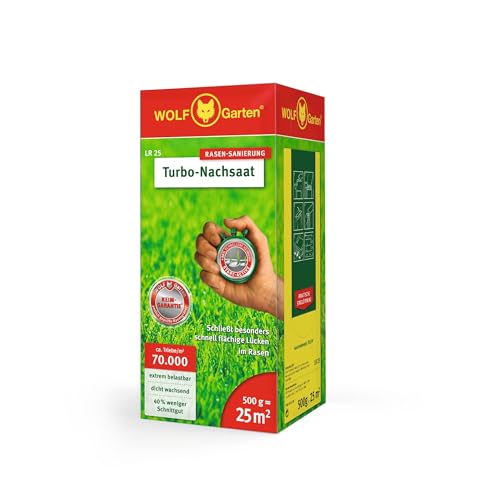 WOLF-Garten Turbo-Nachsaat zur Rasensanierung LR25 (für 25 m², hohe Dichte mit ca. 70.000 Trieben/m², für alle Rasentypen geeignet, mit WOLF-Garten Keimgarantie, 500g in Faltschachtel) 3826020 von WOLF Garten