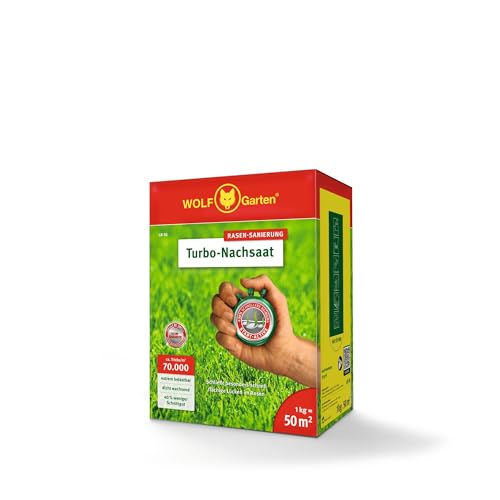 WOLF-Garten Turbo-Nachsaat zur Rasensanierung LR50 (für 50 m2, hohe Dichte mit ca. 70.000 Trieben/m2, für alle Rasentypen geeignet, mit WOLF-Garten Keimgarantie, im 1kg Karton) 3826031 von WOLF Garten