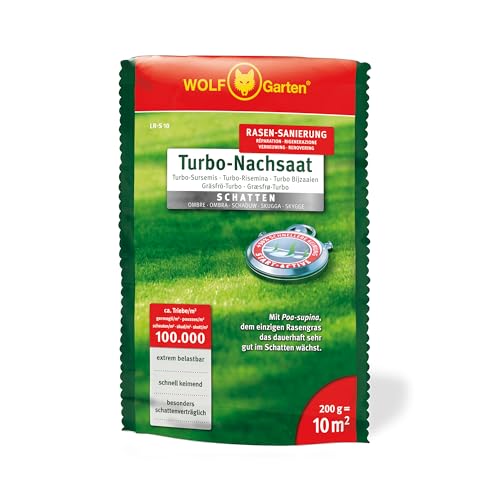WOLF-Garten Turbo-Nachsaat „SCHATTEN“ zur Rasensanierung LR-S 10 (für 10 m², hohe Dichte mit ca. 100.000 Trieben/m², speziell auf schattige Lagen, mit WOLF-Garten Keimgarantie, 200g) 3826610 von WOLF Garten