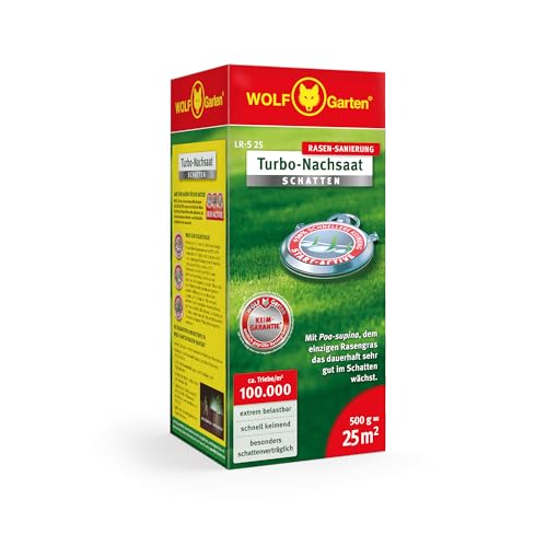 WOLF-Garten Turbo-Nachsaat „SCHATTEN“ zur Rasensanierung LR-S 25 (für 25 m², hohe Dichte mit ca. 100.000 Trieben/m², speziell auf schattige Lagen, mit WOLF-Garten Keimgarantie, im 500g Karton) 3826625 von WOLF Garten