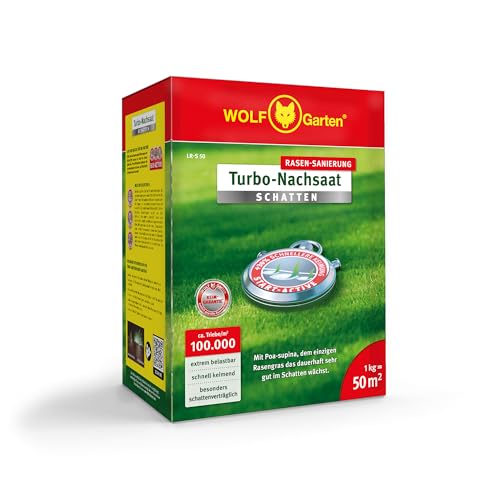 WOLF-Garten Turbo-Nachsaat „SCHATTEN“ zur Rasensanierung LR-S 50 (für 50 m², hohe Dichte mit ca. 100.000 Trieben/m², speziell auf schattige Lagen, mit WOLF-Garten Keimgarantie, im 1kg Karton) 3826636 von WOLF Garten
