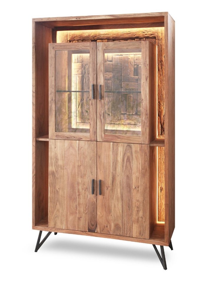 WOLF MÖBEL Küchenbuffet HUDSON Vitrine 2 Glas-/ 2 Holztüren / 1 Glasboden / Licht (115x40x195 LxBxH (cm) soft close, LED-Beleuchtung von WOLF MÖBEL