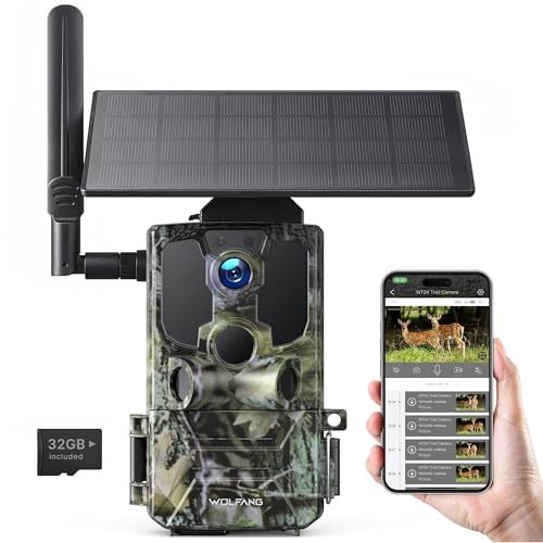 WOLFANG 4G LTE Cellular Wildkamera Solarbetrieben, 7800 mAh Akku, 2,5 K Mobilfunkkamera mit App-Steuerung, integrierte SIM-Karte, Nachtsicht, 0,2 s Trigger, bewegungsaktiviert, wasserdicht, Schwarz von WOLFANG