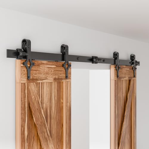 WOLFBIRD 228cm (7.5FT) Schiebetürbeschlag Hardware Kit für Doppeltür Schiebetürsystem mit Einstellbare Bodenführung, Rhombus Form Roller Hanger Set, schwarz von WOLFBIRD