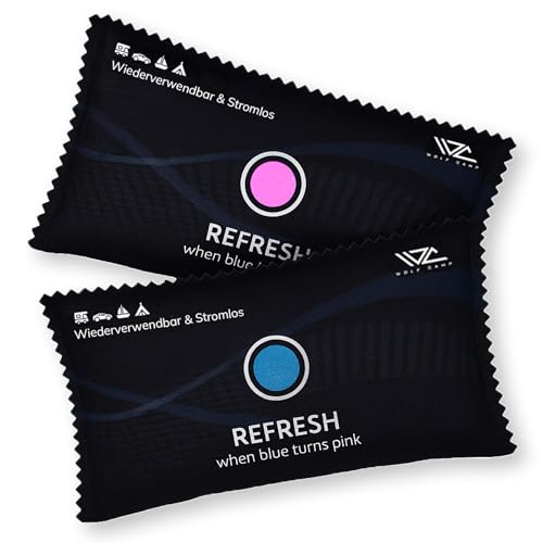 WolfCamp Auto Luftentfeuchter 2er Set 450g je Beutel Silica Gel Mikrowellen regenerierbar wiederverwendbar Farbindikator hellblau rosa Feuchtigkeitsabsorber Kissen Auto Innenraum Wohnmobil Caravan von WOLFCAMP
