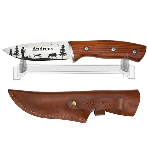 WOLFSARTIG Jagdmesser mit Gravur - Geschenke für Jäger - personalisiertes Geschenke für Männer - Jagdschein Jagdeinladung (mit Ständer) von WOLFSARTIG
