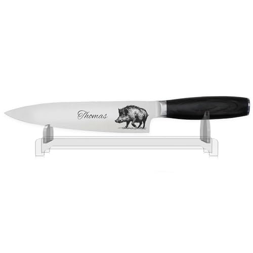 WOLFSARTIG Küchenmesser mit Gravur - Geschenke für Jäger - scharfes Kochmesser Hobbykoch - Personalisierte Jagd Geschenke für Männer - Weihnachten Geburtstag Vatertag (mit Ständer) von WOLFSARTIG