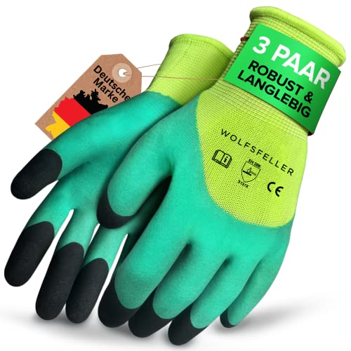 WOLFSFELLER 3 Paar robuste & komfortable Gartenhandschuhe Damen & Gartenhandschuhe Herren Gr 8 - Handschuhe Garten Handschuhe - Gardening gloves mit doppelt beschichteten Fingerspitzen von WOLFSFELLER