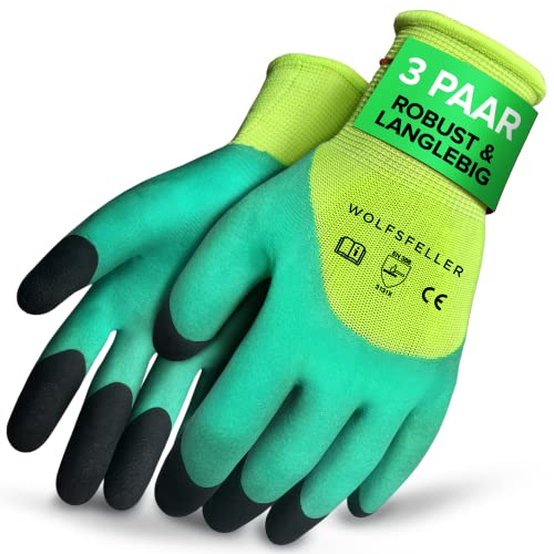 WOLFSFELLER 3 Paar robuste & komfortable Gartenhandschuhe Damen & Gartenhandschuhe Herren Gr 9 - Handschuhe Garten Handschuhe - Gardening gloves mit doppelt beschichteten Fingerspitzen von WOLFSFELLER