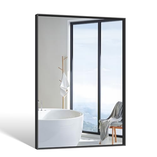 WOLIBEER Badezimmer Spiegel 61 x 91 cm, rechteckiger Wandspiegel mit tiefem Rahmen aus schwarzem Aluminium, Spiegel für Badezimmer, Schlafzimmer, Eingangsbereich, Flur, Waschtisch von WOLIBEER