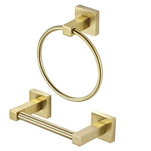 WOLIBEER Gold Toilettenpapierhalter Handtuchhalter, gebürstetes Messing Toilettenpapierhalter Handtuchring, modernes Badezimmer Hardware Set Edelstahl Wandmontage 2 Stück von WOLIBEER