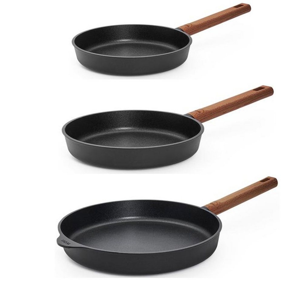 WOLL MADE IN GERMANY Pfannen-Set ECO Logic QXR, Induktion, mit festem Holzstiel (PFAS-FREE), Aluminiumguss (Set, 3-tlg., Flachpfanne 20 + 24 + 28cm), Ø20cm, Ø24cm, Ø28cm, nicht spülmaschinengeeignet von WOLL MADE IN GERMANY