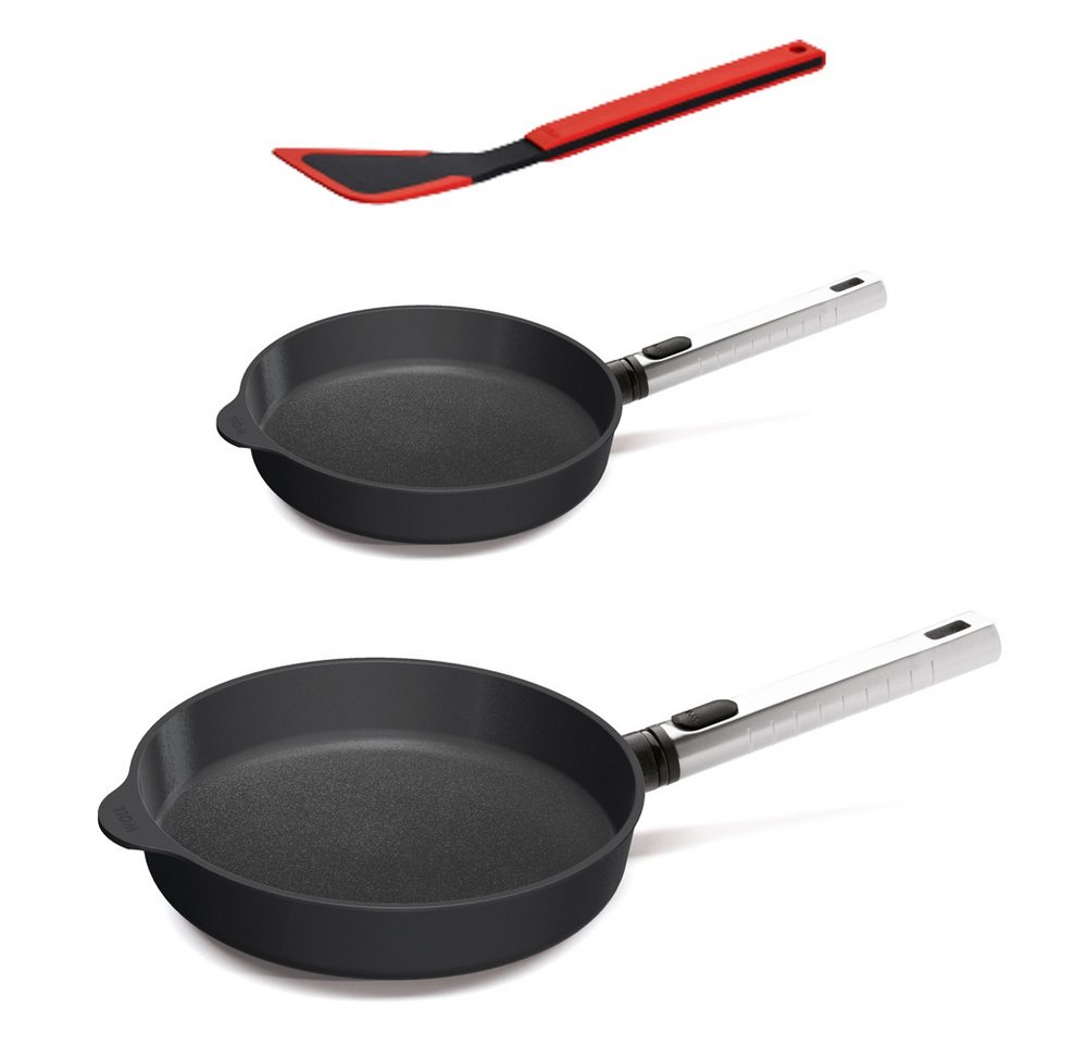 WOLL Pfannen-Set "Diamond XR Logic Pro" Bratpfannen, Aluminium (Set, 3-tlg., 2 Flachpfannen, 1x Ø 24 cm +1x Ø 28 cm + 1x Pfannenwender), abnehmbarer Stielgriff, Spülmaschinengeeignet, Induktionsgeeignet von WOLL