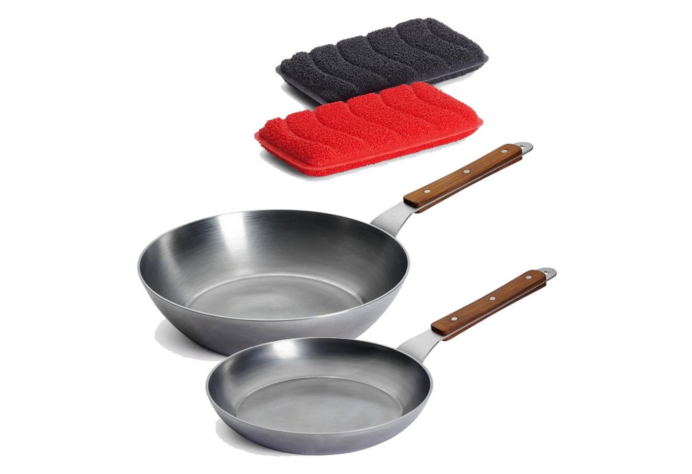 WOLL Pfannen-Set "Carbon Steel" Bratpfannen inkl. Silikonschwämme, Karbon-Stahl (Set, 2-tlg., 1x Flachpfanne Ø 24 cm, 1x Hochrandpfanne Ø 28 cm), Induktionsgeeignet von WOLL