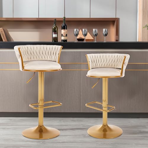 WOLMICS Barhocker 2er Set, Samtbezug, Höhenverstellbar 20 cm, 360° Drehbar, Küchenstühle mit Rückenlehne und Fußstütze, Metall, 2 x Hocker, Creme von WOLMICS