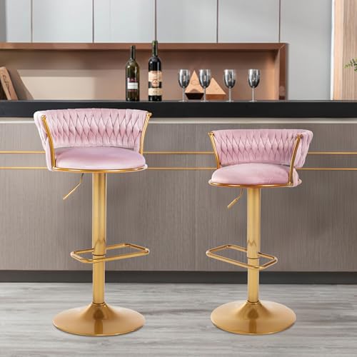WOLMICS Barhocker 2er Set, Samtbezug, Höhenverstellbar 20 cm, 360° Drehbar, Küchenstühle mit Rückenlehne und Fußstütze, Metall, 2 x Hocker, Rosa von WOLMICS