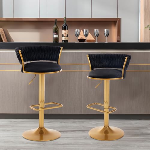 WOLMICS Barhocker 2er Set, Samtbezug, Höhenverstellbar 20 cm, 360° Drehbar, Küchenstühle mit Rückenlehne und Fußstütze, Metall, 2 x Hocker, Schwarz von WOLMICS