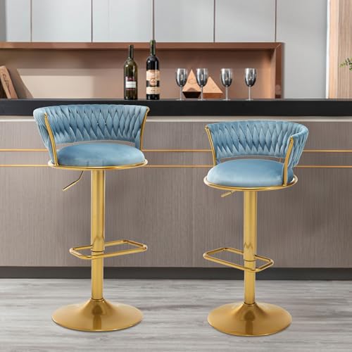 WOLMICS Barhocker barstuhl 2er Set höhenverstellbar,Tresenhocker 360° drehbar，Küchenhocker mit geflochtener Rückenlehne Fußstütze，Samtstuhl mit Metallrahmen, Blau von WOLMICS