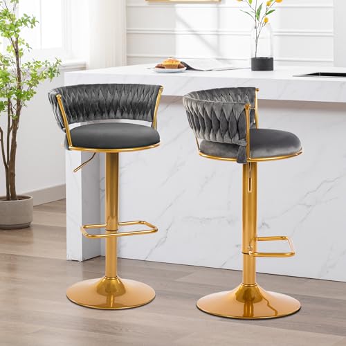 WOLMICS Barhocker barstuhl 2er Set höhenverstellbar,barstuhl 360° drehbar，Küchenhocker mit geflochtener Rückenlehne Fußstütze，Samtstuhl mit Metallrahmen,Darkgrey von WOLMICS
