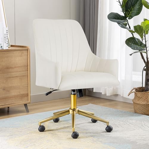 WOLMICS Schminktisch Stuhl Höhenverstellbar Drehstuhl Mit Rollen，Bürostuhl Bis 150 kg Belastbar，Samtstuhl Schreibtischstuhl Mit Armlehnen Für Schlafzimmer/Arbeitszimmer，Cream von WOLMICS