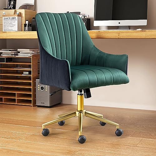 WOLMICS Schminktisch Stuhl Höhenverstellbar Drehstuhl Mit Rollen，Bürostuhl Bis 150 kg Belastbar，Samtstuhl Schreibtischstuhl Mit Armlehnen Für Schlafzimmer/Arbeitszimmer，Dunkelgrün von WOLMICS