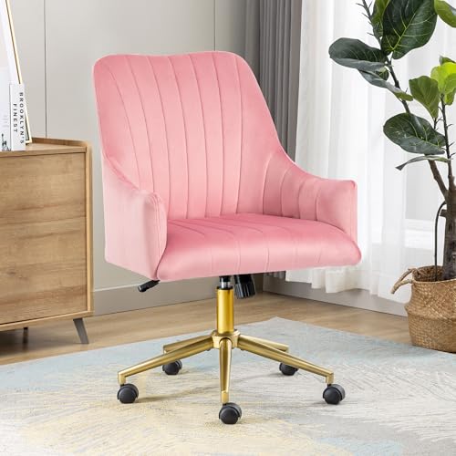 WOLMICS Schminktisch Stuhl Höhenverstellbar Drehstuhl Mit Rollen，Bürostuhl Bis 150 kg Belastbar，Samtstuhl Schreibtischstuhl Mit Armlehnen Für Schlafzimmer/Arbeitszimmer，Rosepink von WOLMICS