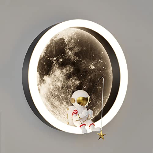 Wandleuchte Mond LED 12W Wandlampe Dimmbar Kinderzimmer Mondlampe Astronaut Wall Light Innen Rund Wandbeleuchtung Nachttischlampe Nachtlicht Jungen Mädchen für Schlafzimmer,B von OOWOKS