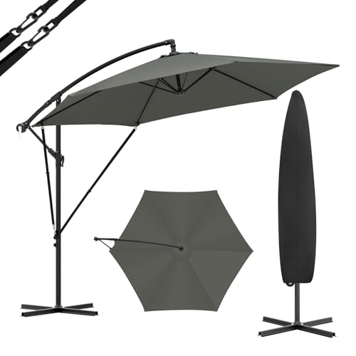Ampelschirm Sonnenschirm + Abdeckung Ø310 cm & Kurbelvorrichtung Kurbelschirm mit Schutzhülle und Ständer, Gartenschirm Sonnenschutz UV-Schutz | Wasserdicht 360° Grad Drehbare Marktschirm Dunkelgrau von WOLTU