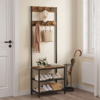 Kleiderständer Garderobenständer mit Sitzfläche 7 Haken, Wäscheständer Schuhregal für Eingangsbereich Wohnzimmer, Schwarz + Rustikales Braun - Woltu von WOLTU