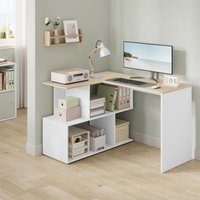 Schreibtisch Eckschreibtisch mit Ablagefächern l Form Computertisch, Arbeitstisch Bürotisch, 120x100 cm, Weiß + Helle Eiche - Woltu von WOLTU