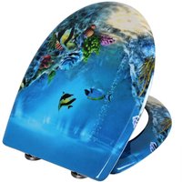 22 wc Sitz Toilettensitz aus Duroplast, mit Abesenkautomatik, Fast Fix, Edelstahlscharniere, Deco Design, Goldfisch Blau - Woltu von WOLTU