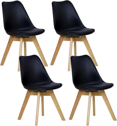 WOLTU Esszimmerstühle 4er Set, Skandinavische Küchenstühle, Wohnzimmerstuhl, Retro Design, Sitzfläche aus Kunstleder, Polsterstuhl Lehnstuhl,Massivholz Beine, Schwarz BH29sz-4 von WOLTU