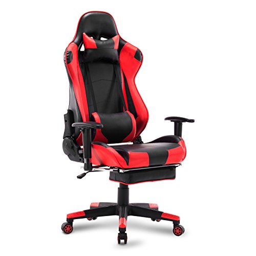 WOLTU Gaming Stuhl, PU Leder Bürostuhl Gaming Chair Ergonomisch mit Lendenkissen, Gamer Stuhl Racing PC-Stuhl mit Wippfunktion & Fußstütze Live-Streaming Drehstuhl Schwarz+Rot von WOLTU