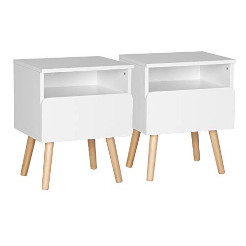 WOLTU® Nachttisch 2er Set Nachtkommode Nachtschrank Beistelltisch Sofatisch, mit Schublade und Offenem Fach, mit Beinen, Holz, Weiß, 40x33,5x50cm(BxTxH), TSR58ws-2 von WOLTU