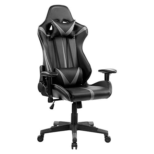 WOLTU Gaming Stuhl, PU Leder Bürostuhl Gaming Chair Ergonomisch mit Lendenkissen, Gamer Stuhl Racing PC-Stuhl mit Wippfunktion Live-Streaming Drehstuhl Schwarz+Grau von WOLTU