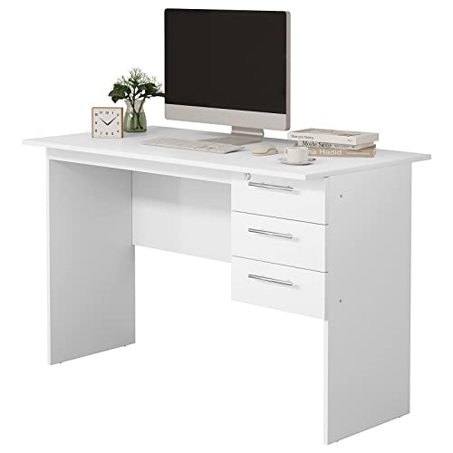 WOLTU® Schreibtisch TS59ws Computertisch Bürotisch Arbeitstisch PC Laptop Tisch, mit 3 Schubladen und Schloss, aus Holz, 120x59x75cm(BxTxH), Weiß von WOLTU