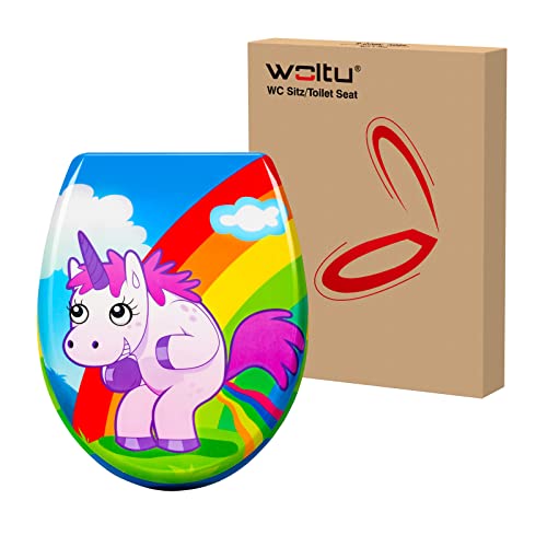 WOLTU WC Sitz mit Absenkautomatik,Toilettensitz Motiv, Toilettendeckel aus Duroplast, Stable Klodeckel Hochwertige Qualität Toilettenbrille,Antibakteriell Oval,Einhorn von WOLTU