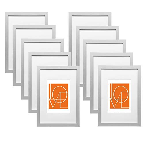 WOLTU Bilderrahmen 10x15 cm, 10er Set, Silber Holz MDF, Collage Wanddeko, Holzrahmen mit Passepartout, Fotorahmen zum vertikalen oder horizontalen Aufhängen/Aufstellen von WOLTU