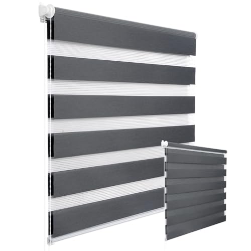WOLTU 2 Stück Doppelrollo Klemmfix ohne Bohren Duo Rollo Klemmrollo für Fenster mit Klemmträger, Fensterrollo Lichtdurchlässig & Verdunkelnd Wandmontage, Dunkelgrau, 60x130 cm (Stoffbreite 56 cm) von WOLTU
