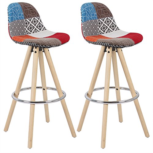 WOLTU Barhocker 2er Set Barstuhl aus Leinen Holzgestell mit Lehne + Fußstütze Design Stuhl Küchenstuhl optimal Komfort Patchwork Mehrfarbig BH45mf-2 von WOLTU