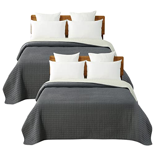 WOLTU 2X Tagesdecke Bettüberwurf Steppdecke 220x240cm Dunkelgrau-Creme Patchwork, Wendedesign Kariert Bettdecke Stepp Decke für Doppelbett unterfüttert und Gesteppt von WOLTU