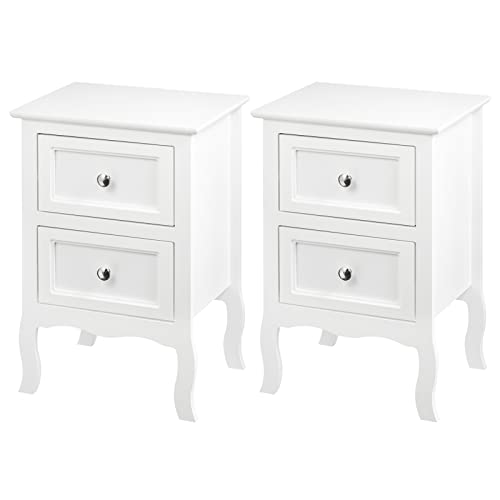 WOLTU 2er Set Nachttisch Nachtschrank Nachtkommode mit 2 Schubladen Barock Kommode Beistelltisch für Schlafzimmer Wohnzimmer aus MDF Weiß TS119ws von WOLTU
