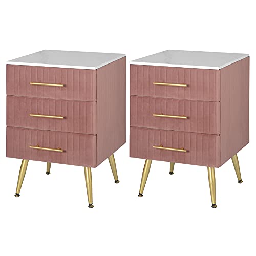 WOLTU 2er Set Nachttisch Nachtschrank für Boxspringbett, Kommode mit Schubladen aus Massivholz, einfache Montage, Stabil, 40,5x41x62cm, Rosa TS135rs von WOLTU