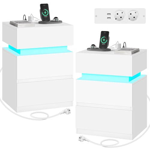 WOLTU 2er Set Nachttisch mit Ladefunktion, Nachtschrank mit LED-Beleuchtung 25 Lichtfarben, 2 Schubladen 1 Fach, Kabelführung, Nachtkästchen weiß, 40x55x35 cm, NTS23ws-2 von WOLTU