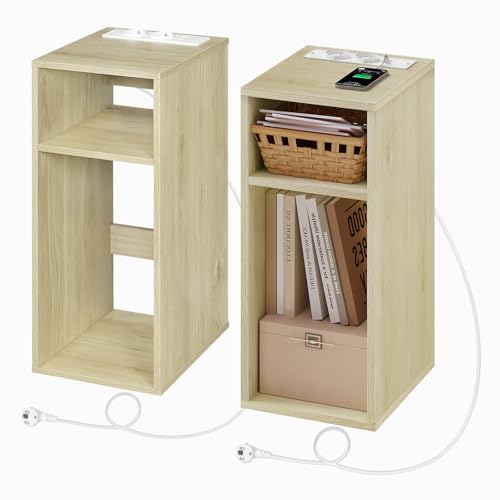 WOLTU 2er Set Nachttisch mit Ladefunktion,schmaler Kleiner Beistelltisch mit 2 Steckdosen 2 USB-Anschlüssen,Couchtisch mit Stauraum,2 offene Fächer,25x60x30 cm,für Schlafzimmer,Hell Eiche, NTS06hei-2 von WOLTU