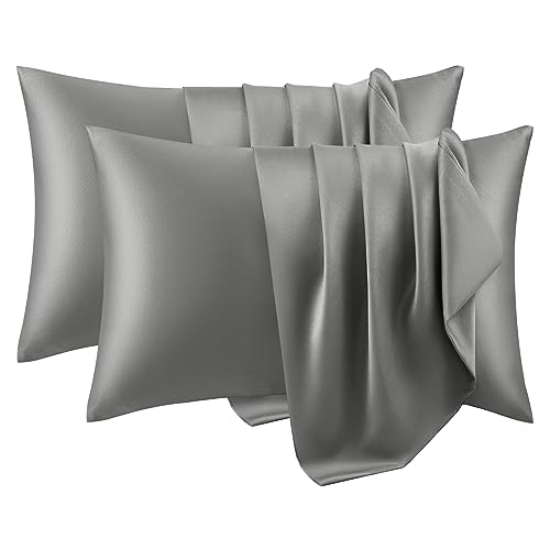 WOLTU 2er Set Satin Kissenbezug 40 x 60 cm, Premiun Kopfkissenbezug weiche ähnlich wie Seidenkissenbezug, Kissenhülle Haar- und Hautpflege Seidig mit Reißverschluss, Dunkelgrau von WOLTU