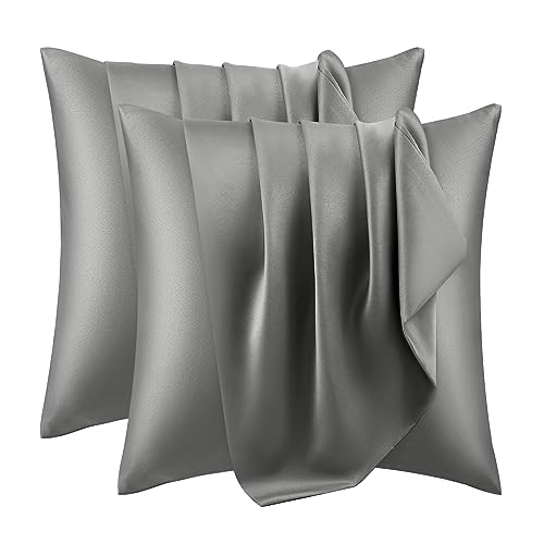 WOLTU 2er Set Satin Kissenbezug 80 x 80 cm, Premiun Kopfkissenbezug weiche ähnlich wie Seidenkissenbezug, Kissenhülle Haar- und Hautpflege Seidig mit Reißverschluss, Dunkelgrau von WOLTU